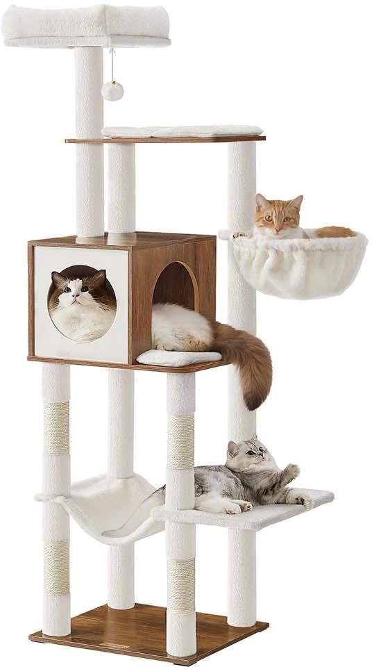 Arbre à chat multi-niveaux 45 x 40 x 165 cm avec grotte plateforme de repos et poteaux à griffer en aggloméré marron miel 12_0012932