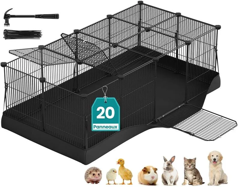 Enclos pour petits animaux sécurisé avec double porte 123 x 63 x 41,5 cm en acier noir 12_0012675