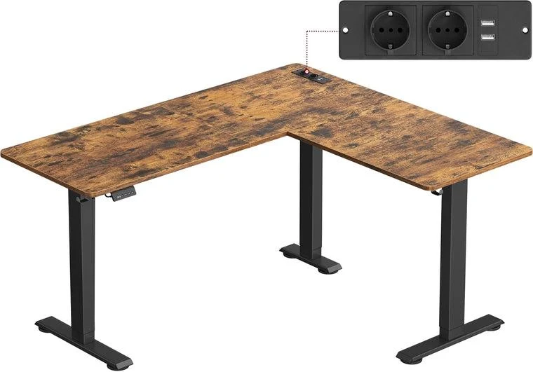 Bureau électrique réglable en hauteur table d’angle ergonomique 140 x 160 cm avec multiprise moderne en aggloméré noir 12_0012640