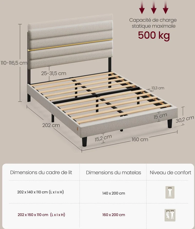 Lit double avec tête de lit rembourrée ajustable 202 x 160 x 110 cm en acier beige cappuccino 12_0012112