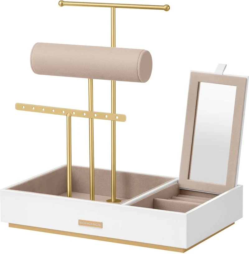 Porte-bijoux organisateur élégant 17 x 27 x 29 cm finition dorée ambiance déco moderne en MDF blanc 12_0011833