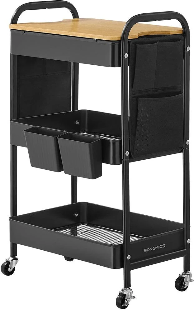 Chariot de rangement à 3 niveaux mobile 30,6 x 44,3 x 74,2 cm avec table supérieure style moderne en acier noir 12_0011059