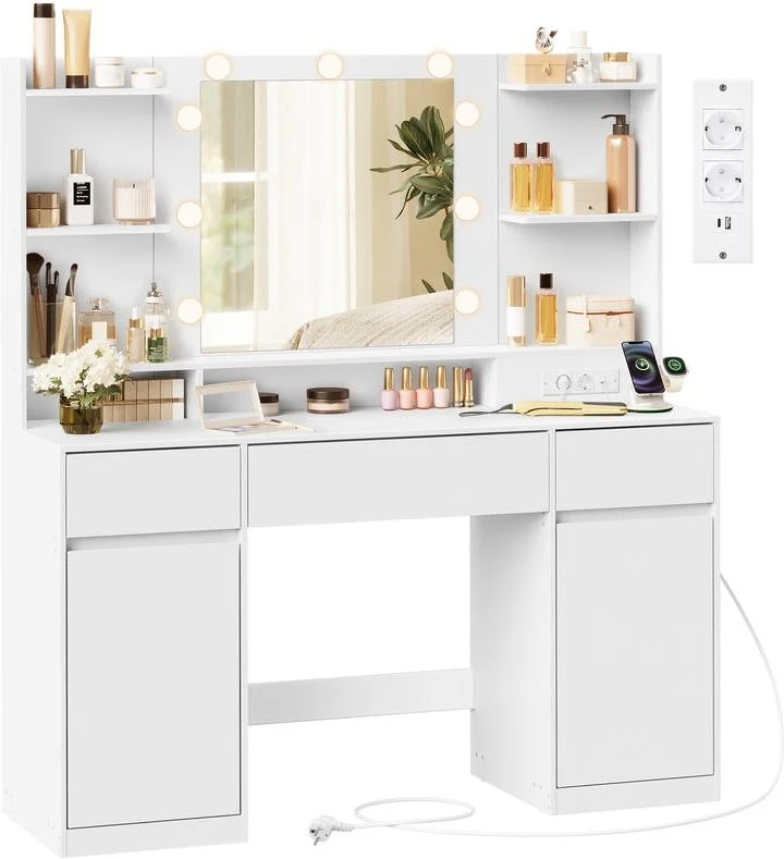 Coiffeuse avec miroir éclairage LED 40 x 107 x 144 cm rangement bijoux 9 tiroirs style moderne en panneau MDF blanc 12_0012674