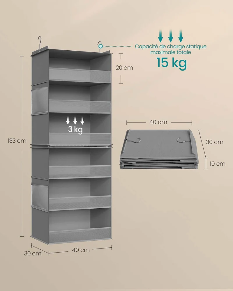 Étagère suspendue pliable gain de place design moderne 30 x 40 x 133 cm en bambou gris tourterelle 12_0012485