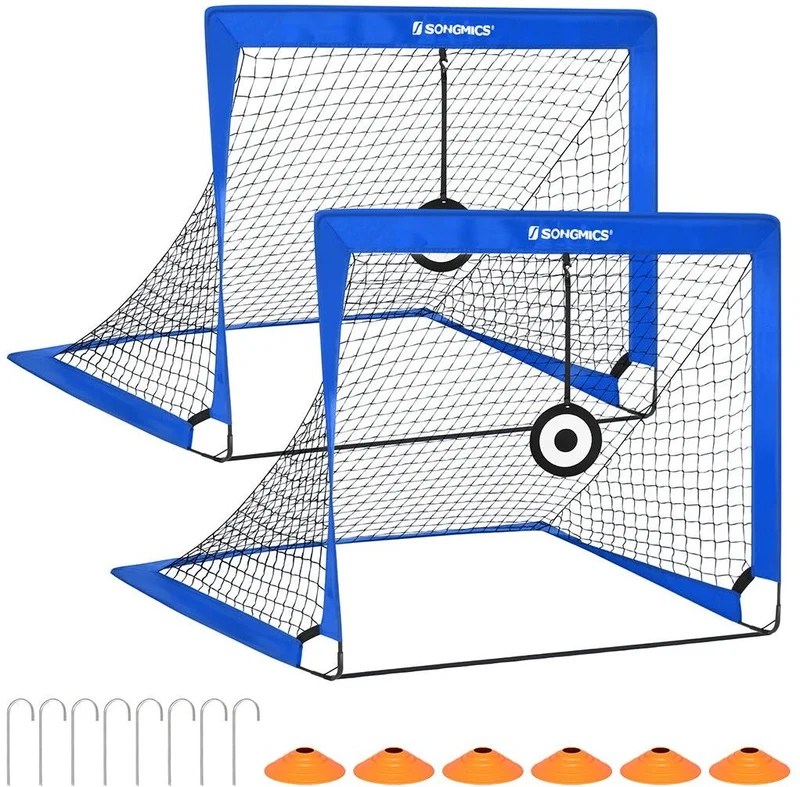 Lot de 2 cages de football pliables pour enfants 120 x 90 x 90 cm usage extérieur jardin parc plage en polyester bleu 12_0010573