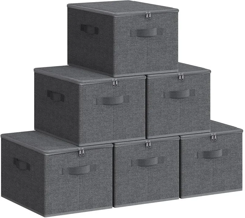 Lot de 6 sacs de rangement pliables avec couvercle pour jouets ou vêtements 40 x 30 x 25 cm en tissu gris ardoise 12_0013003