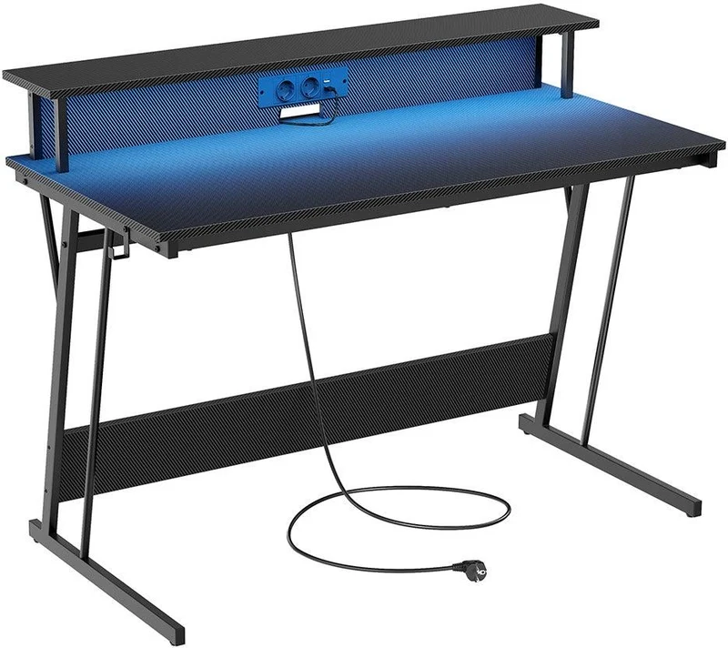 Bureau gaming design moderne avec rehausseur d'écran pour 2 ordinateurs 60 x 100 x 76 cm en bois noir 12_0011860