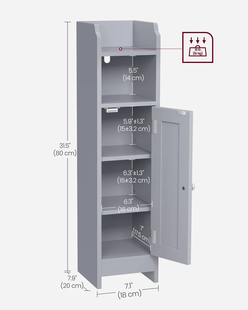 Meuble de rangement haut pour salle de bain 20 x 18 x 80 cm avec étagères réglables gain de place en MDF gris mystique 12_0010410