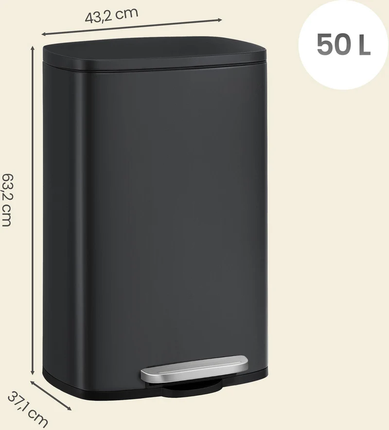 Poubelle de cuisine à pédale 42,5 x 31,8 x 65,7 cm anti-odeur avec fermeture douce design moderne en plastique noir 12_0013065