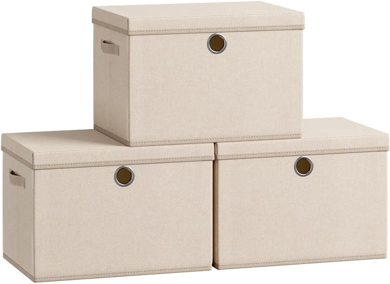 Lot de 3 boîtes de rangement pliables empilables avec poignées 43 x 30 x 30 cm en tissu beige sable 12_0013085