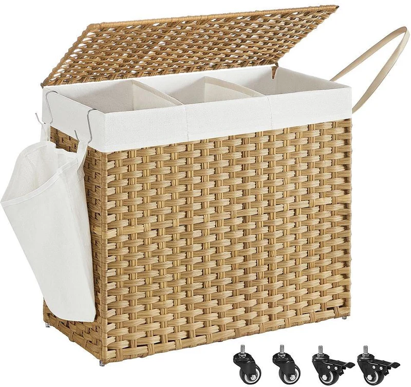 Panier à linge tissé main 76 x 33 x 66 cm avec couvercle 3 compartiments moderne salle de bain en plastique gris 12_0010810