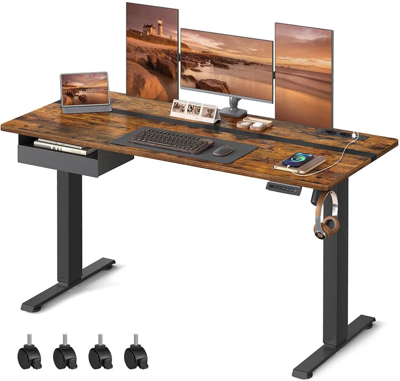 Bureau assis-debout réglable en continu 60 x 140 cm fonction mémoire ergonomique style rustique en bois marron 12_0010174
