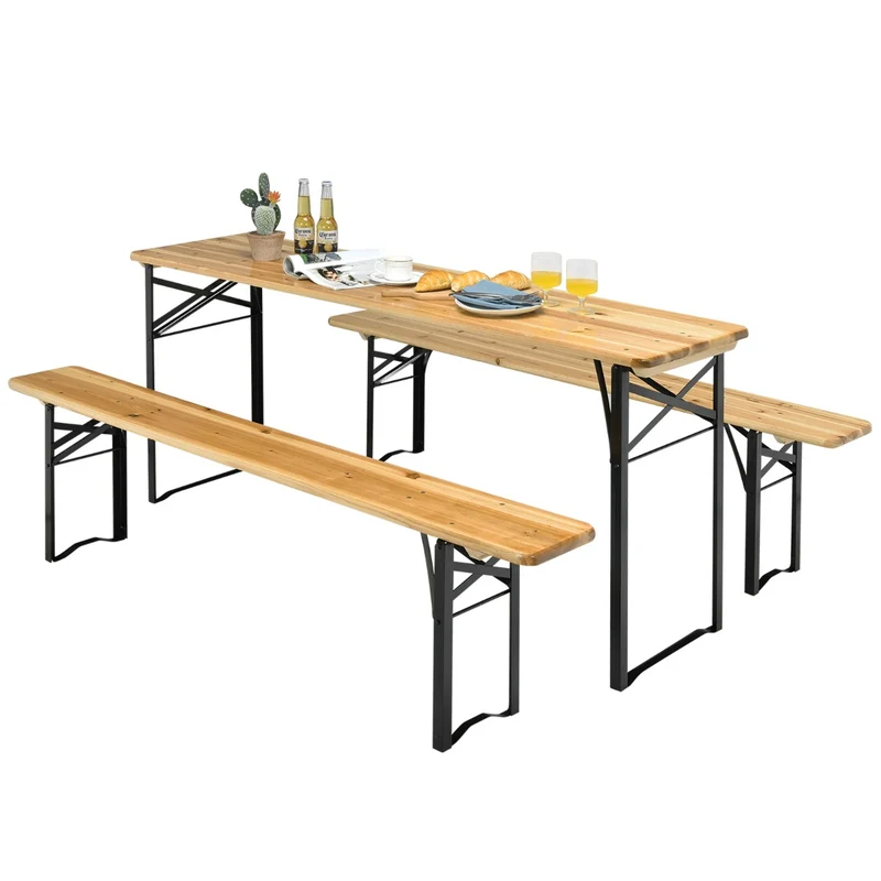 Lot de 1 table et 2 bancs pliants pour pique-nique 176 x 46 x 76 cm imperméables ambiance rustique en bois sapin en noir 20_0019181