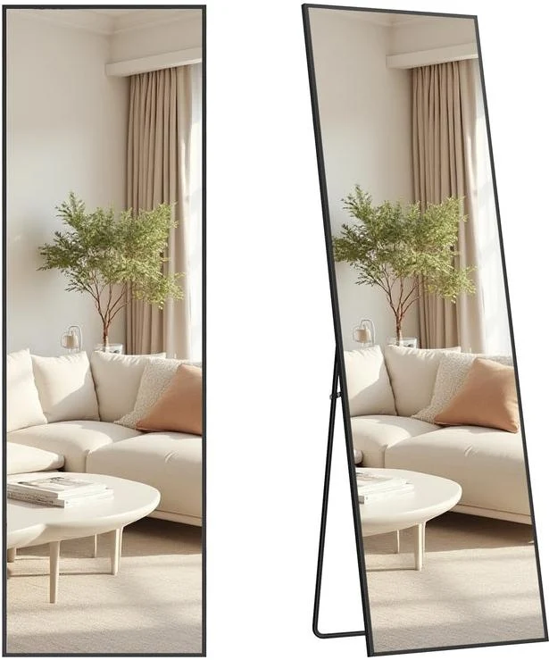 Miroir rectangulaire sur pied à poser au sol 160 x 50 cm finition mate pour chambre salon dressing en aluminium noir 12_0012614