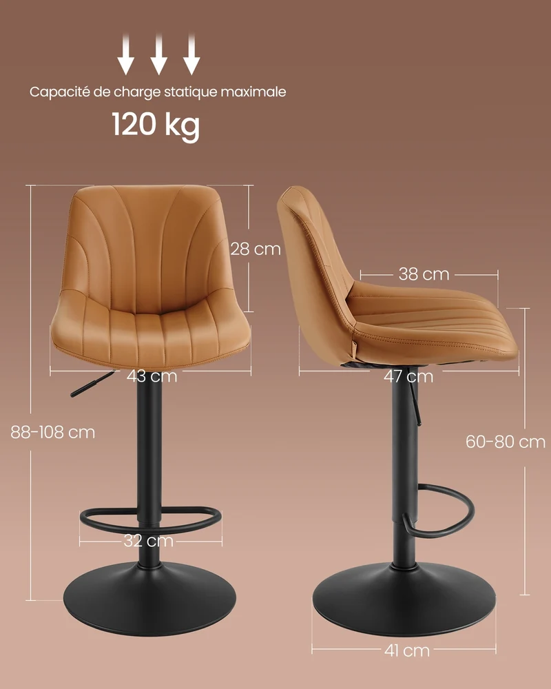 Lot de 2 tabourets de bar réglables style moderne assise confortable 46,5 x 43 x 88-108 cm en PU marron caramel 12_0012473