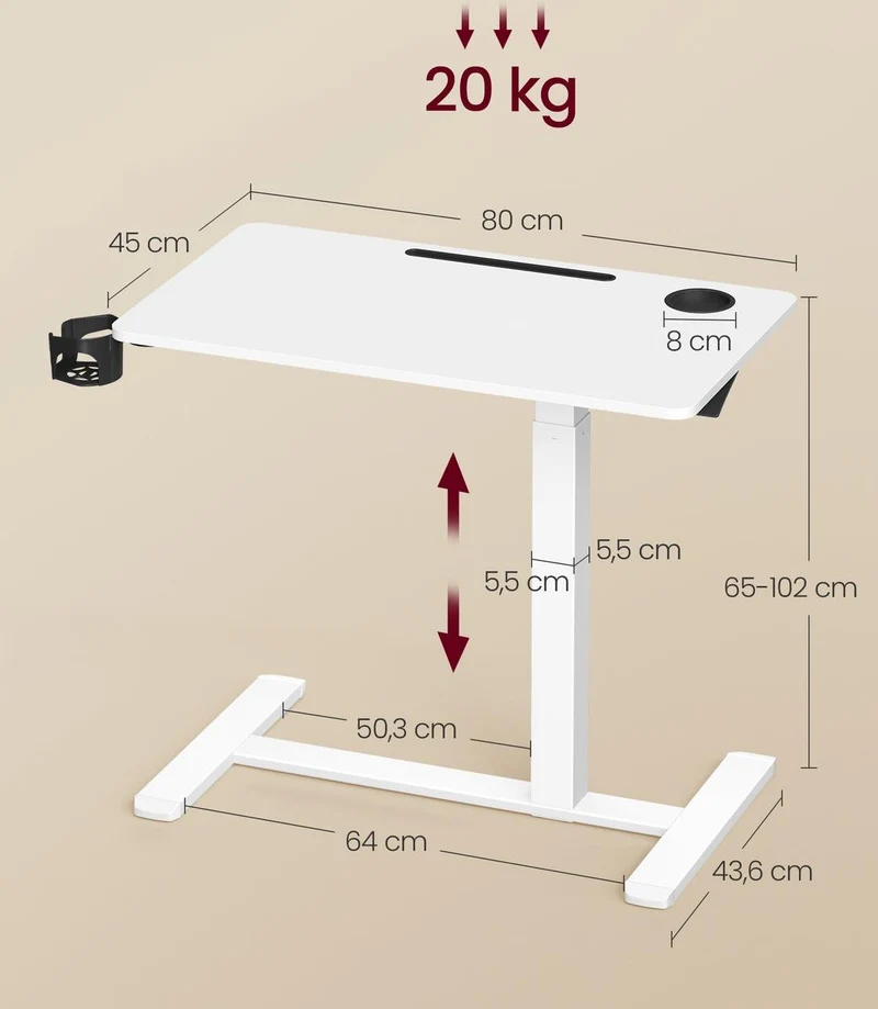 Bureau assis-debout mobile réglable hauteur 80 x 45 x 65 à 102 cm 2 porte-gobelets design épuré en acier blanc 12_0012897
