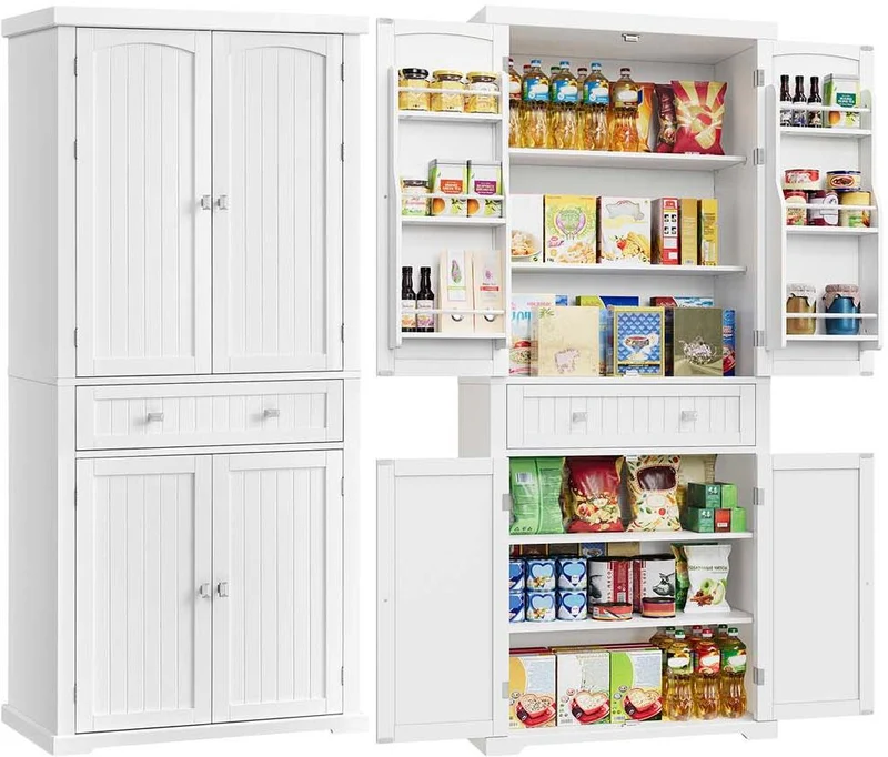 Buffet haut de rangement cuisine 40 x 76 x 182 cm grand espace avec tiroir 4 étagères réglables en MDF blanc 12_0011764