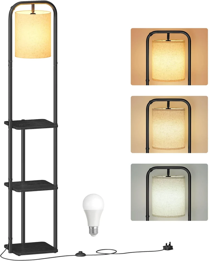 Lampadaire sur pied design moderne avec 3 étagères 29,9 x 31,8 x 160,5 cm en tissu noir 12_0012568