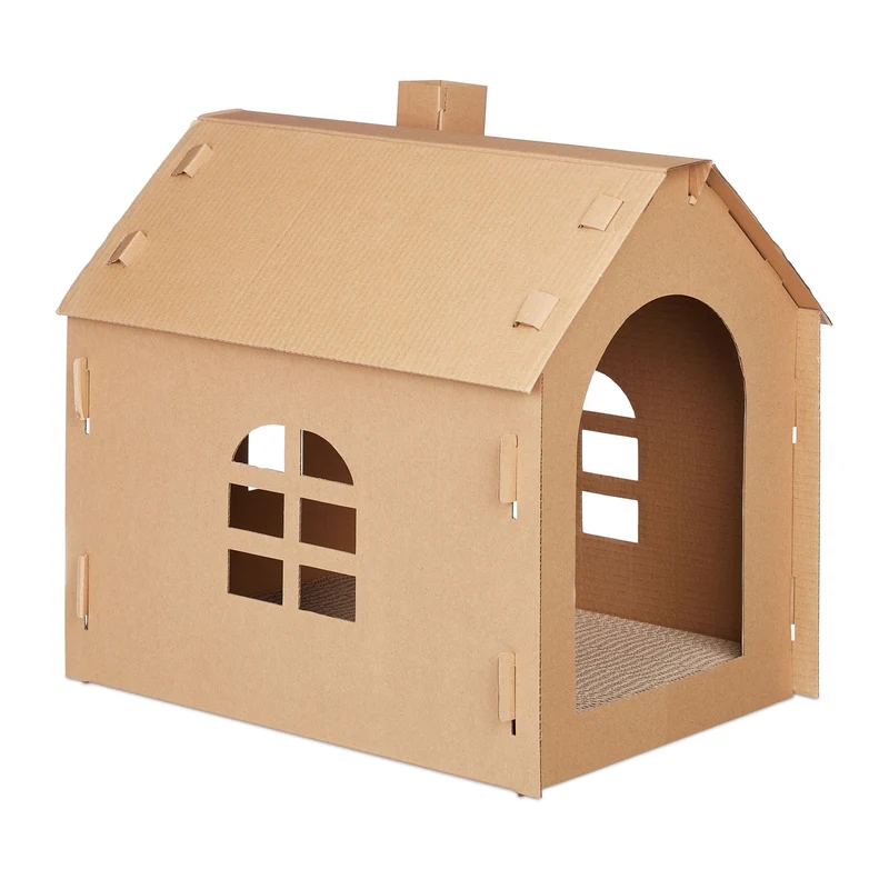 Maison pour chat avec griffoir intérieur personnalisable 40 x 30 x 30 cm en carton marron 13_0008322