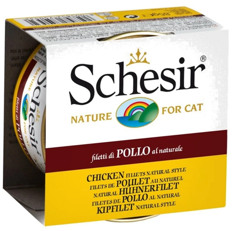 Schesir - Chat Adulte Filets de Poulet et Riz au Naturel en Eau de Cuisson - Nourriture Humide pour Chats