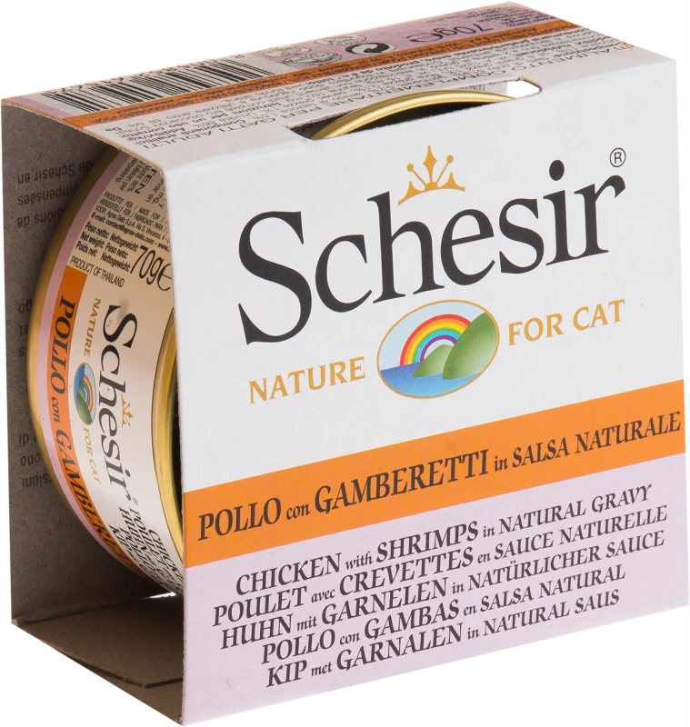 Schesir - Chat Adulte Filets de Poulet et Crevettes en Sauce Naturelle - Nourriture Humide pour Chats