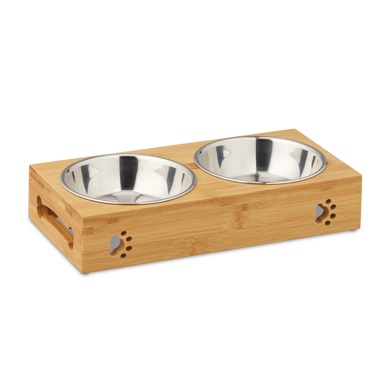 Lot de 2 gamelles surélevées pour chiens petits animaux antidérapantes 35 x 20 x 10 cm en bambou naturel 13_0007671