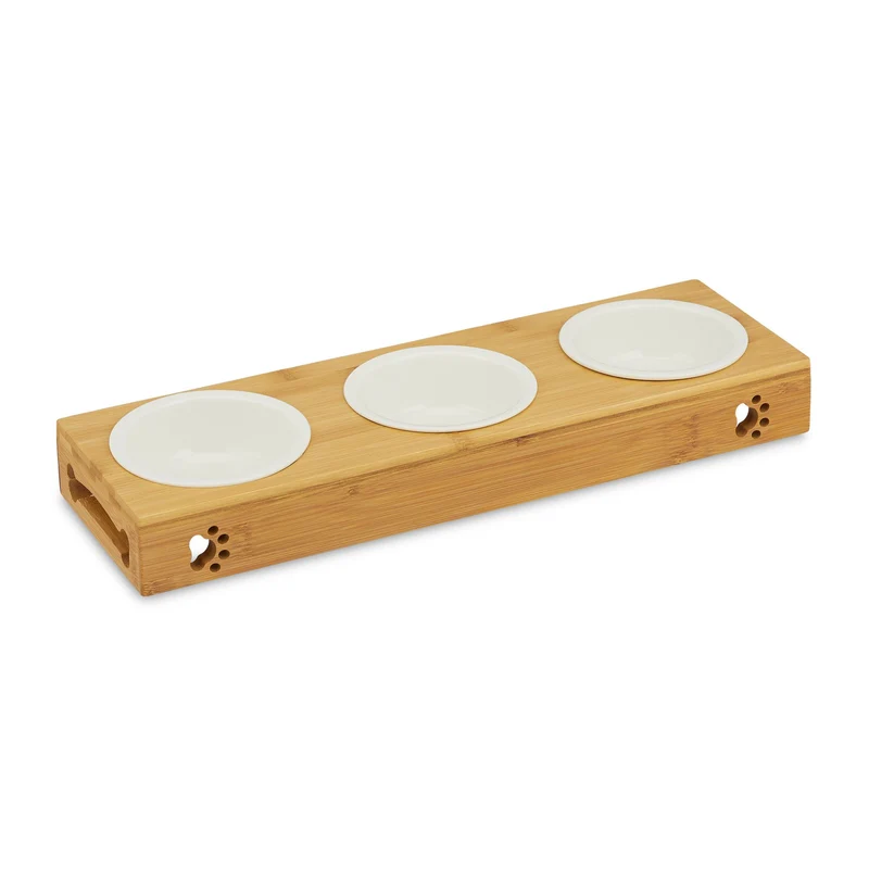 Double gamelle pour animaux de compagnie maison 5,5 x 29,5 x 14 cm design épuré en bambou blanc 13_0007785