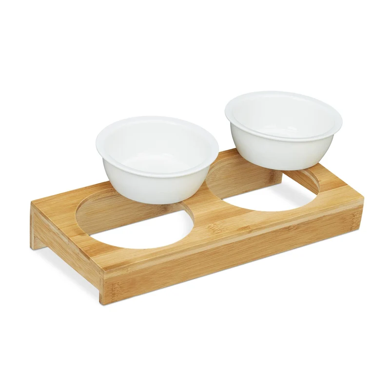 Lot de 2 gamelles inclinées pour animaux de compagnie en céramique facile à nettoyer 24 x 12 x 5 cm en bambou naturel 13_0008593