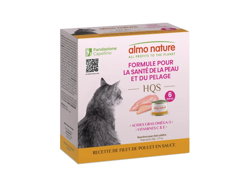 Almo Nature HQS Formule Soutien - Chat Santé de la Peau & Pelage, Filet Poulet en Sauce - 4 Boîtes de 6 x 50 g - Nourriture Humide pour Chats