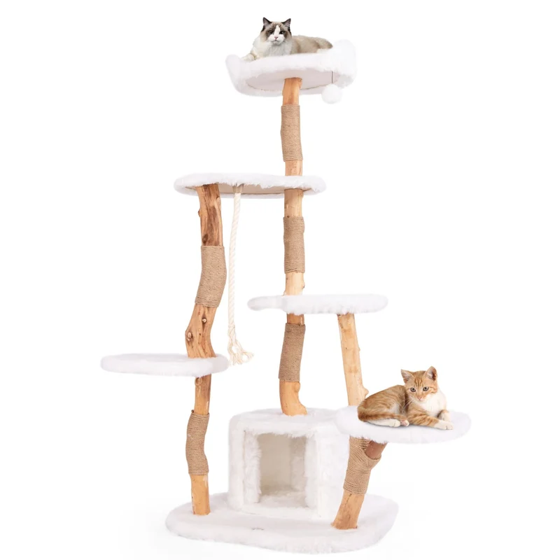 Arbre à chat moderne en bois massif 68 x 58 x 168 cm avec condo et 6 niveaux en naturel blanc 20_0015234