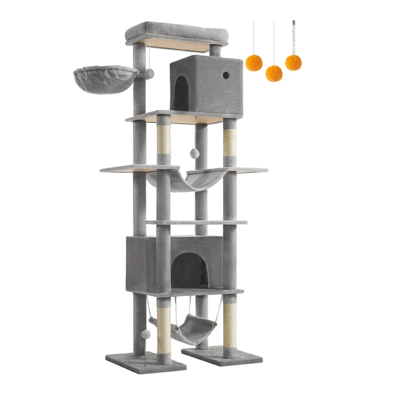 Arbre à chat 201 cm forme de tour taille XXL multi-niveaux 1 plateforme 1 panier 2 niches 2 hamacs dispositif anti-basculement gris clair 12_0003802