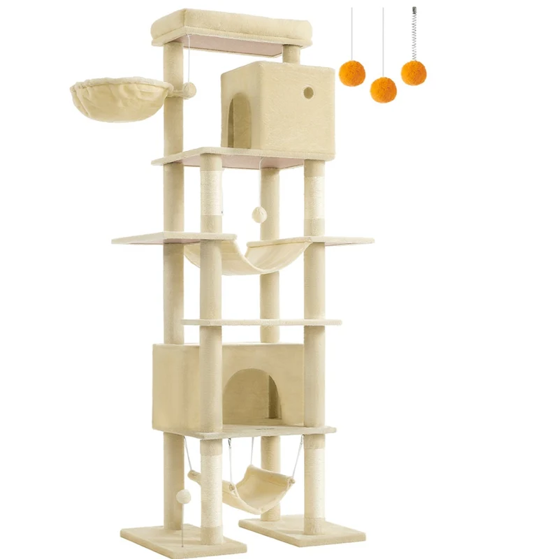 Arbre à chat 201 cm forme de tour taille XXL multi-niveaux 1 plateforme 1 panier 2 niches 2 hamacs dispositif anti-basculement beige 12_0003804