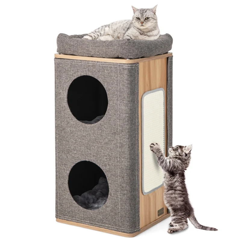 Arbre à chat moderne 3 niveaux 38 x 38 x 77,5 cm confortable et hygiénique en MDF gris 20_0010164