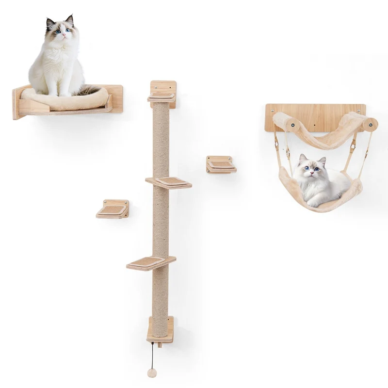 Lot de 5 étagères murales pour chat 50 x 30 x 34 cm design moderne avec hamacs confortables et poteaux à griffer en contreplaqué naturel 20_0014817