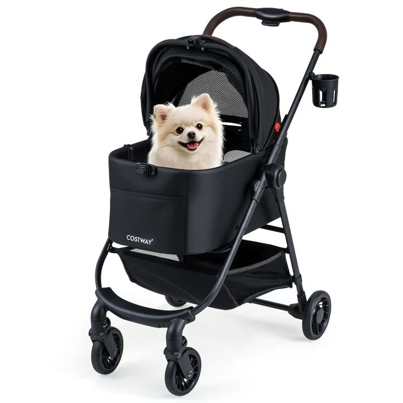 Poussette 3-en-1 pour animaux chien pliable 76 x 53 x 100 cm avec coussin lavable et auvent réglable en métal noir 20_0018000