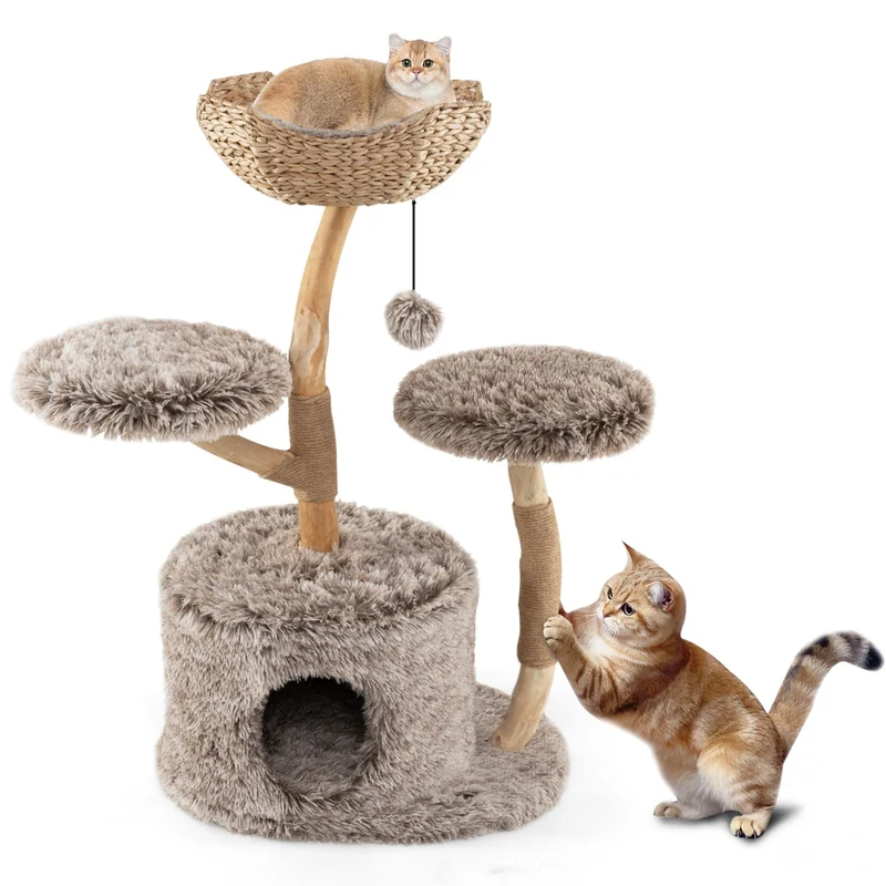 Arbre à chat 60 x 105 cm avec 4 niveaux et condo sécurisé moderne en bois de poirier naturel 20_0017425