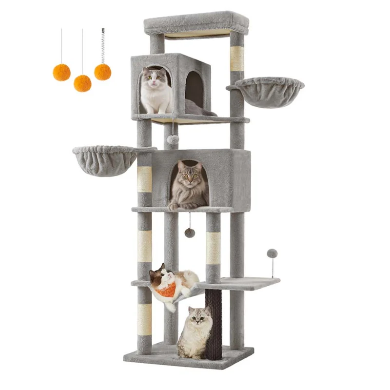 Arbre à chat tour à chat de 175 cm de haut abri à chat multi-niveaux avec 2 niches 2 paniers 5 griffoirs toilettage autonome perchoir hamac gris tourterelle 12_0003886
