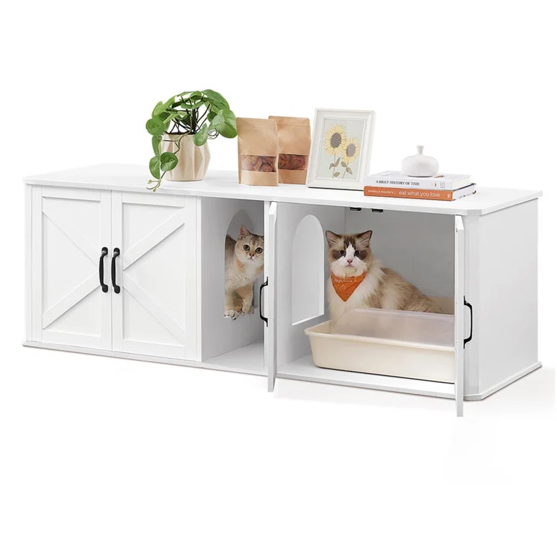 Cache-litière pour 2 chats meuble de litière entrée frontale peut être utilisé comme table meuble tv 1456 x 485 x 50 cm blanc nuage 12_0004692
