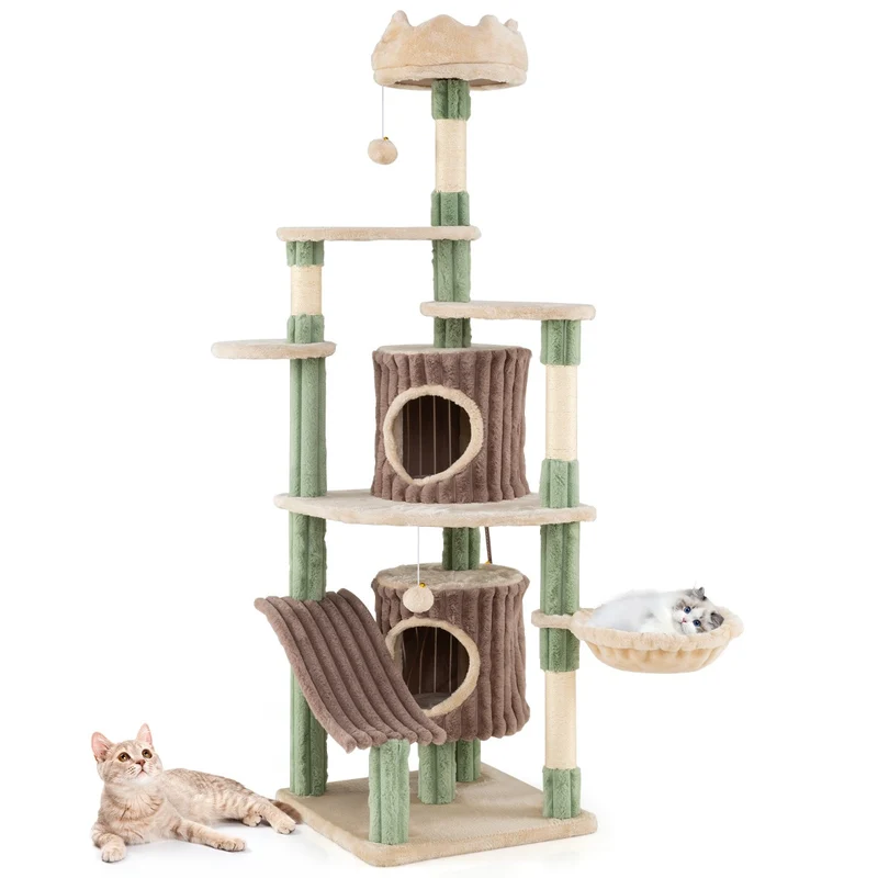 Arbre à chat multi-niveaux 77,5 x 68 x 163 cm avec condos et jouets en peluche design vert et marron 20_0017467