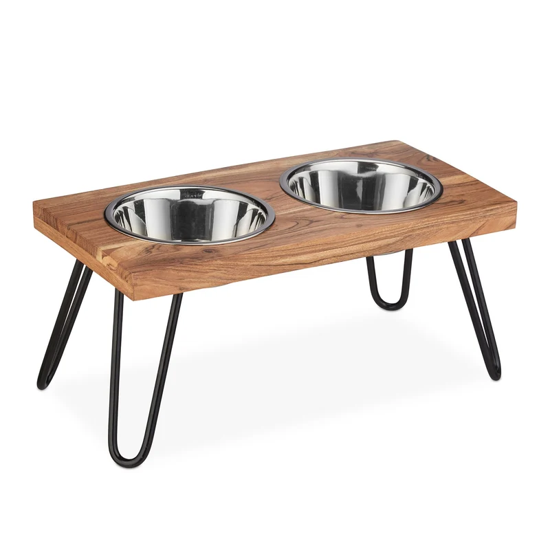 Lot de 2 gamelles pour chien surélevées en acier inoxydable support en métal et bois d’acacia 40 x 20 x 30 cm en métal noir 13_0010745