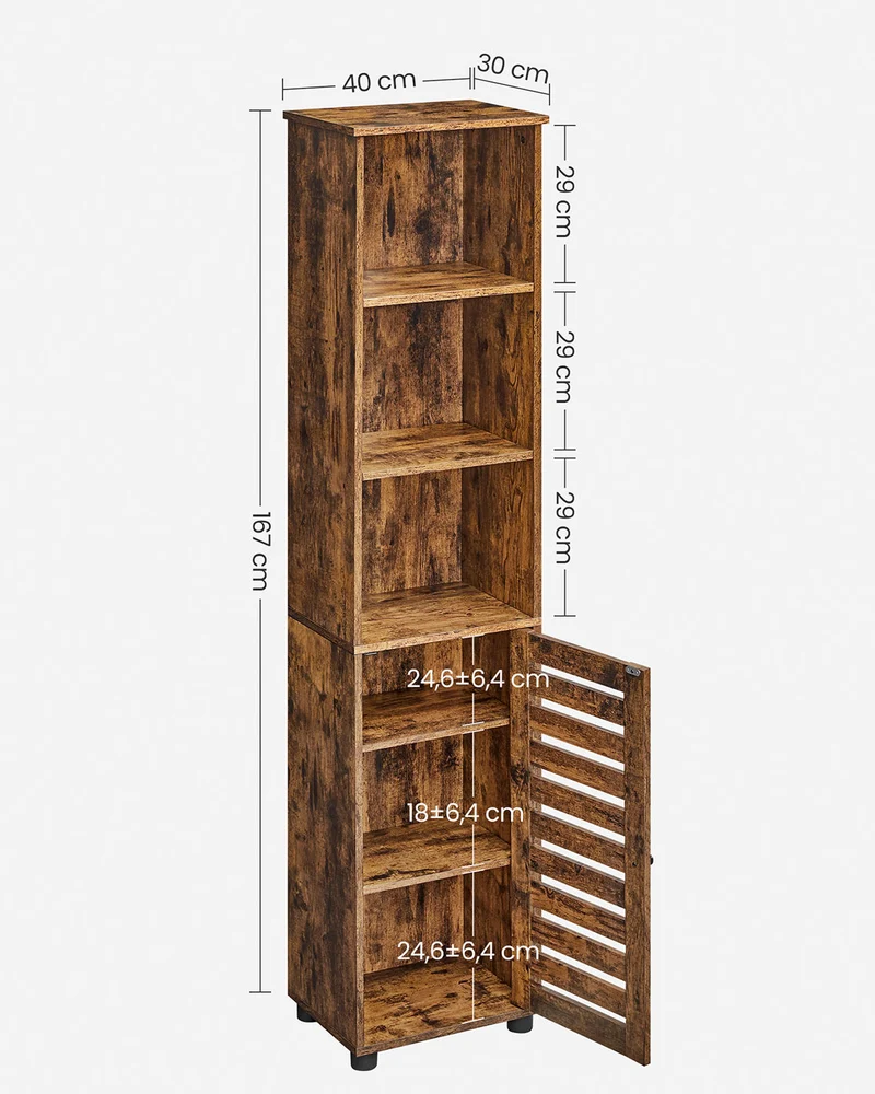 Armoire haute de rangement moderne 40 x 30 x 167 cm 3 cases ouvertes 2 étagères réglables pour salon chambre en aggloméré marron rustique 12_0009283