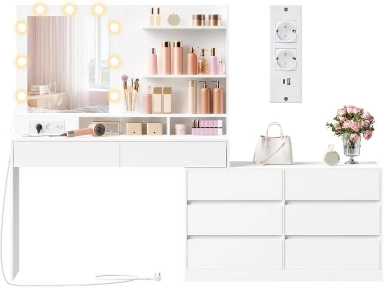 Coiffeuse modulable avec miroir LED 40 x 169,2 x 145,5 cm éclairage 3 couleurs 8 tiroirs style contemporain en panneau aggloméré blanc 12_0012364