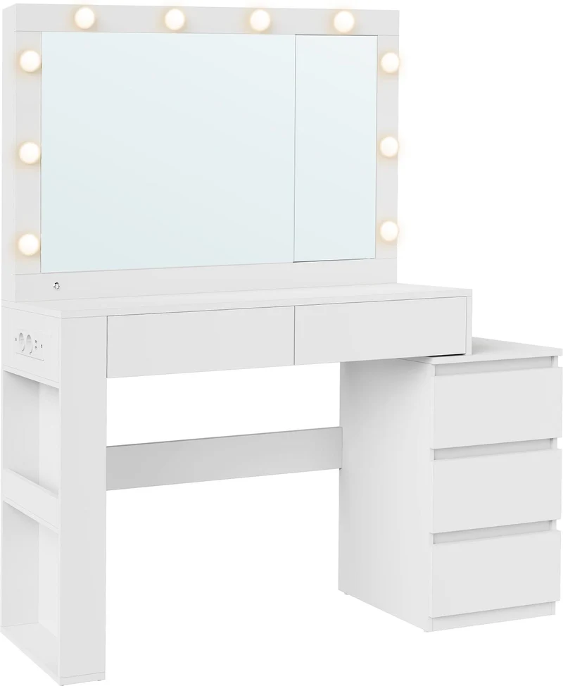 Coiffeuse moderne avec miroir et 5 tiroirs 40 x 125 x 140 cm ambiance cosy finition mate en aggloméré blanc 12_0013145