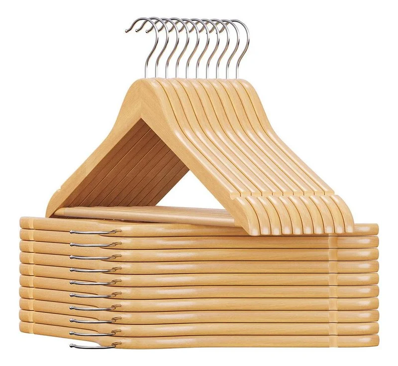 Lot de 10 cintres en bois d'érable avec barre antiglisse 44,5 x 1,2 cm pour rangement pratique et design naturel 12_0008323