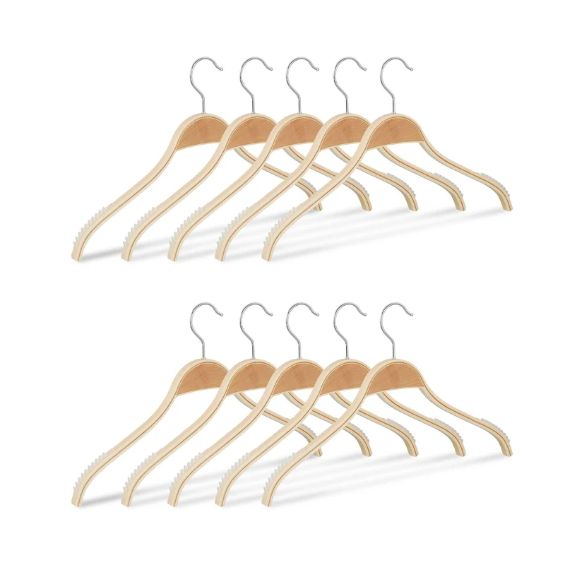 Lot de 10 cintres en bois chemise costume antidérapant encoche gomme crochet 360 nature naturel 13_0000747