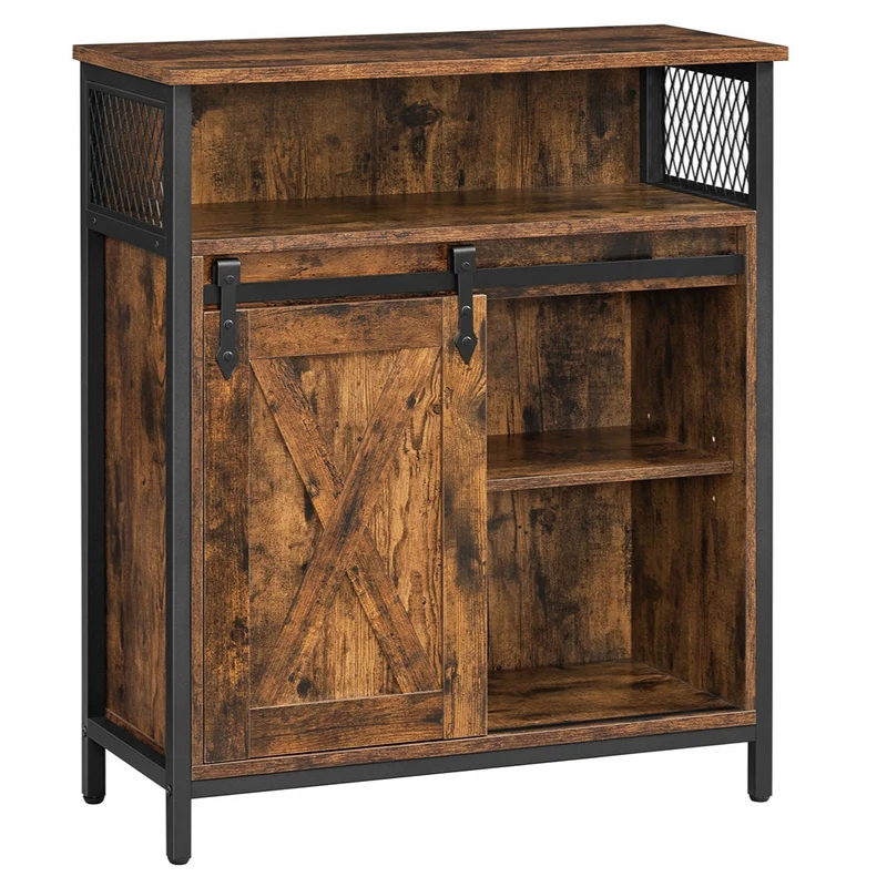 Meuble de rangement buffet avec porte de grange coulissante compartiment ouvert étagère réglable style industriel pour entrée salon cuisine bureau 80 cm marron rustique et noir 12_0003254