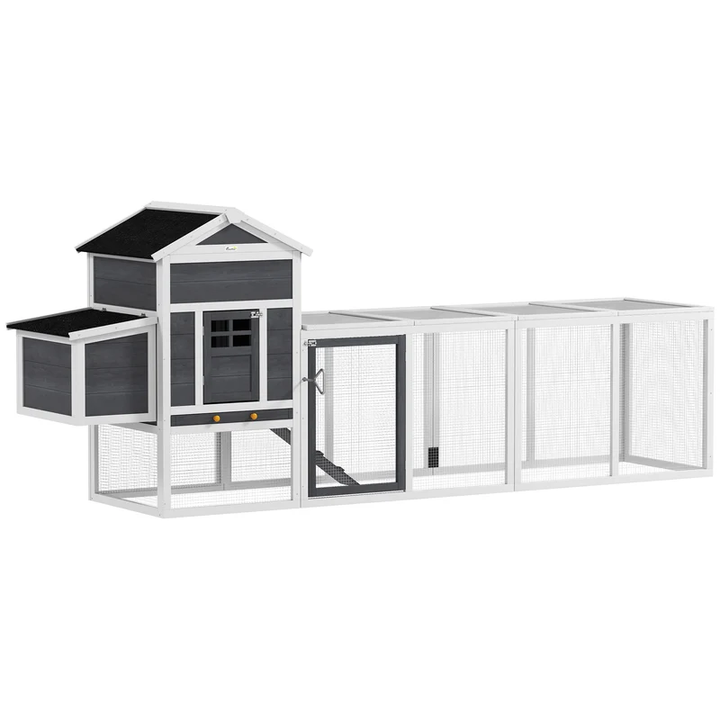 Poulailler surélevé avec grand enclos 297,5 x 68 x 118 cm pondoir bac amovible niche séparée rustique en bois blanc 21_0007958