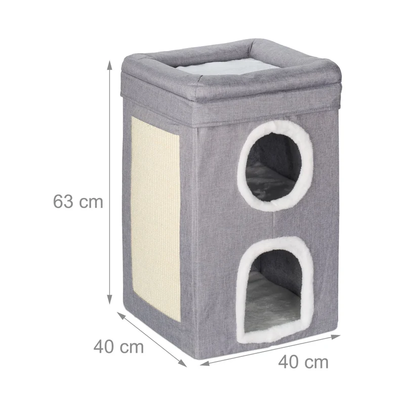 Niche pour chat 3 niveaux avec surface à gratter confort et observation en tissu gris 13_0016041