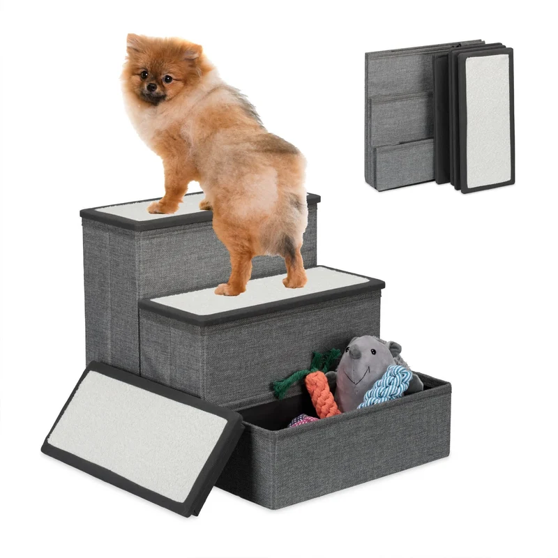 Escalier pliable pour animaux de compagnie 3 niveaux rangement jouets confort antidérapant en plastique gris 13_0016122