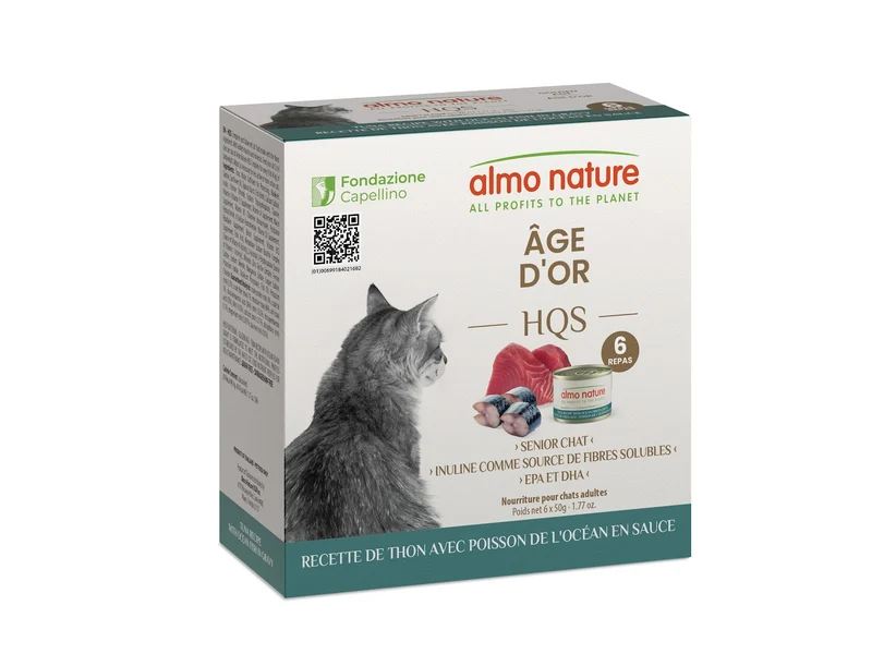 Almo Nature HQS Formule Soutien - Chat Âge d'Or, Thon avec Poisson de l'Océan en Sauce - 4 Boîtes de 6 x 50 g - Nourriture Humide pour Chats